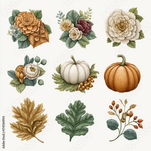 Wallpaper Mural Assorted Floral and Pumpkin Collection Displayed on Clean White Background in Detailed Illustration Torontodigital.ca