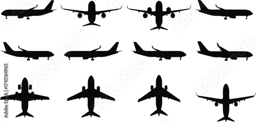 Airplane silhouette collection isolated on white background, commercial jet aircraft vector set, aviation design elements, flight, travel and transportation concept