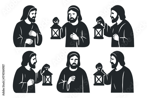 Lantern bearers sharing wisdom in serene evening gathering. Set of 6 black Christmas icons
