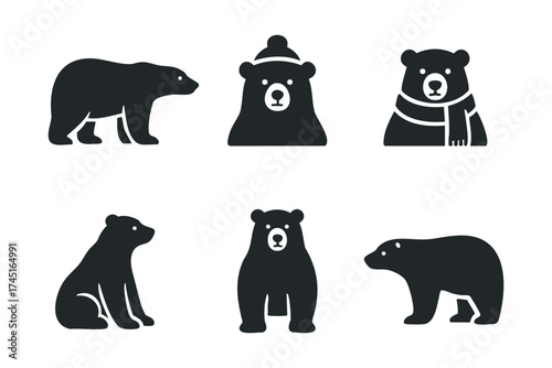 Various bear illustrations showcasing different poses and styles. Set of 6 black Christmas icons
