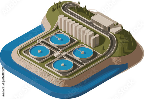 Isometric 3d illustration of modern water treatment plant with circular tanks, storage silos, clean water facility, environmental engineering concept