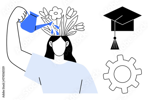 Woman watering blooming flowers on head, graduation cap, gear. Ideal for education, self-improvement, creativity, growth, achievement success innovation. A simple flat metaphor