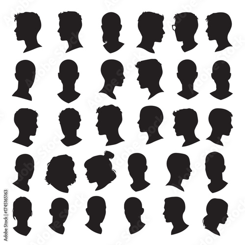 Collection of diverse silhouette head profiles showing different hairstyles and genders