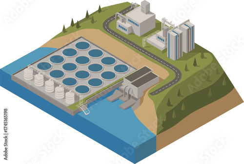 Isometric 3d illustration of modern water treatment plant with circular tanks, storage silos, clean water facility, environmental engineering concept