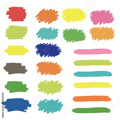 Collection of colorful hand painted brush stroke splatters and lines on white background