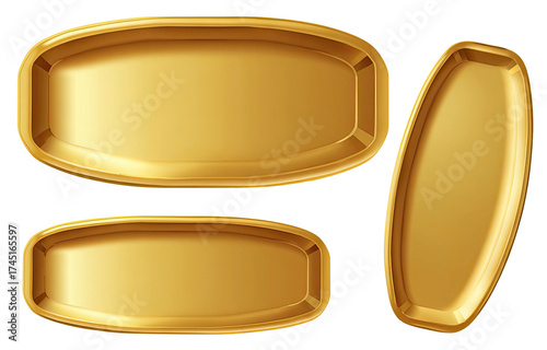 Various golden-toned serving trays against a black backdrop. Perspective displays depth, dimension, and shiny surfaces