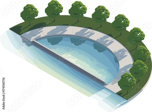 Modern urban park landscape design with curved walking path, green trees, reflective water pond, minimal architecture, serene outdoor environment, sunlight