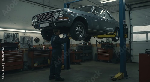 Classic Car Repair: Vintage Coupe on Lift in Auto Shop