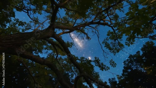 spectacular Milky Way and distant galaxy shining in the night sky, captured through the dark, intricate, and beautiful silhouette of a tree canopy