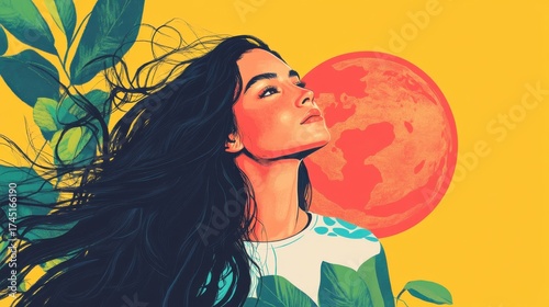 Young Asian woman looking upward in serene digital art