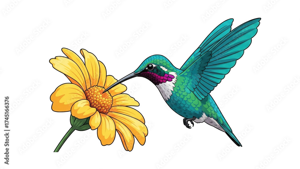 Obraz premium A vibrant illustration of a hummingbird with iridescent blue and green feathers, feeding from a yellow flower.