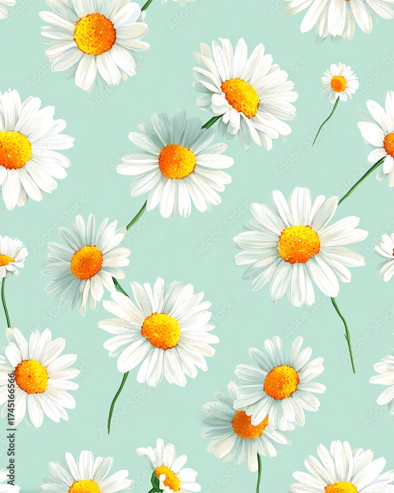 Obraz premium A beautiful daisy pattern featuring delicate flowers against a soothing light mint backdrop, perfect for various design projects.