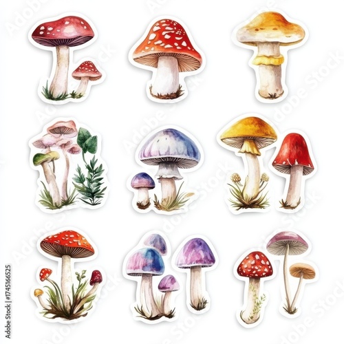 Wallpaper Mural Collection of Watercolor Mushroom Illustrations with Red Yellow Purple Colors on White Background Torontodigital.ca