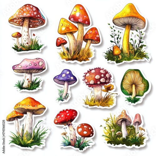 Wallpaper Mural Collection of Watercolor Mushrooms with Varied Caps and Stems on White Background Torontodigital.ca