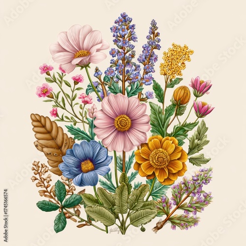 Wallpaper Mural Colorful Floral Arrangement with Pink Blue Yellow and Green Accents on Beige Background Torontodigital.ca