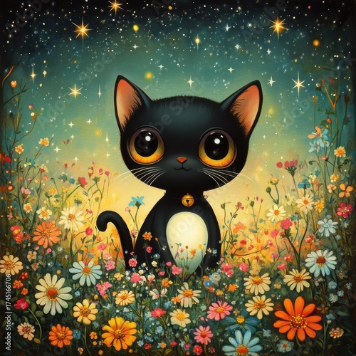 Wallpaper Mural Cute Black Cat with Big Eyes Sitting in Colorful Flower Field Under Starry Sky Torontodigital.ca