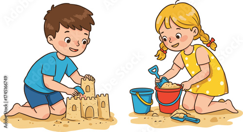 Happy children building a sandcastle on beach, playful kids enjoying summer vacation and sandbox fun, childhood play illustration.