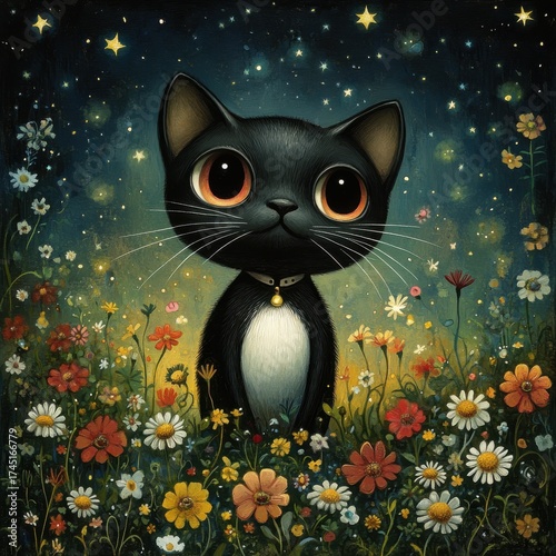 Wallpaper Mural Cute Black Kitten with Big Eyes in a Field of Flowers Under Starry Night Sky Torontodigital.ca