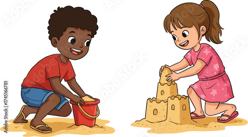 Happy children building a sandcastle on beach, playful kids enjoying summer vacation and sandbox fun, childhood play illustration.