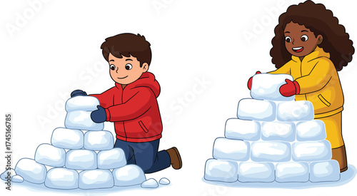 Diverse children building a snow fort outdoors, happy kids enjoying winter fun activities and playing in the snow together.