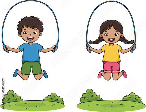 Happy children jumping rope outdoors in park, active kids having fun and exercising, healthy summer childhood play illustration.