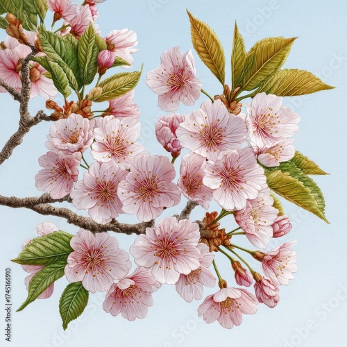 Wallpaper Mural Detailed Blossom Branch with Pink Flowers and Green Leaves on Light Blue Torontodigital.ca