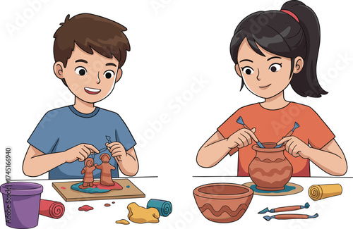 Happy children making clay sculptures together, creative kids enjoying arts and crafts activity, boy and girl molding playful figures.
