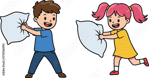 Happy children having a pillow fight indoors, playful kids enjoying fun sleepover activity, childhood friends playing game illustration.