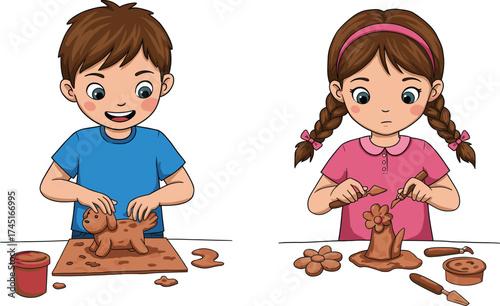 Happy children making clay sculptures together, creative kids enjoying arts and crafts activity, boy and girl molding playful figures.