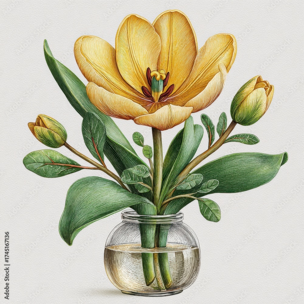 custom made wallpaper toronto digitalDetailed Illustration of Yellow Tulip in Glass Vase on Textured Background