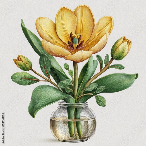Wallpaper Mural Detailed Illustration of Yellow Tulip in Glass Vase on Textured Background Torontodigital.ca