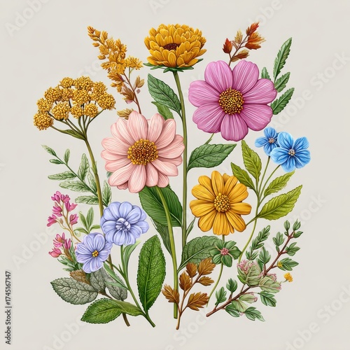 Wallpaper Mural Detailed Pixel Art Illustration of Yellow Pink and Blue Flowers with Green Leaves on Neutral Background Torontodigital.ca