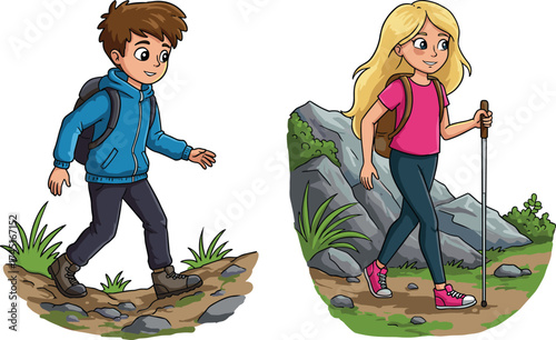 Cute children hiking in nature with backpacks and trekking pole, adventure kids on mountain trail, outdoor summer family fun.