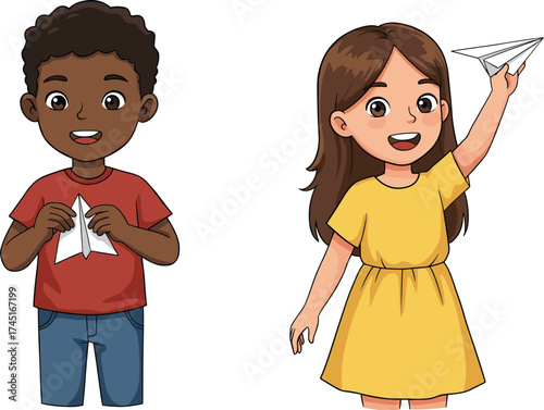 A boy is folding a paper airplane while a happy girl prepares to launch hers, showcasing childhood creativity, fun, and the simple joy of making and flying toys.