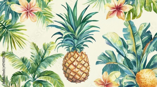 Wallpaper Mural Vibrant tropical illustration with pineapple and flowers Torontodigital.ca