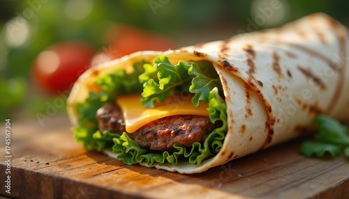 Wallpaper Mural Delicious meat patty and cheese wrap served outdoors Torontodigital.ca