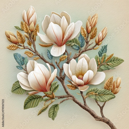 Wallpaper Mural Elegant Cream Magnolia Blossom Arrangement with Brown Branches on Textured Background Torontodigital.ca