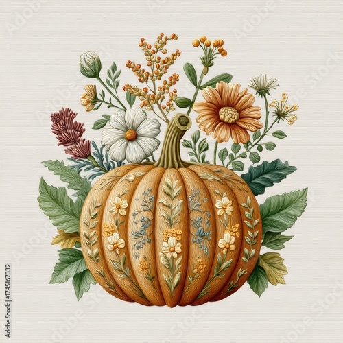 Wallpaper Mural Elegant Autumnal Pumpkin Arrangement with Floral Accents on Textured Wood Background Torontodigital.ca