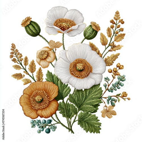 Wallpaper Mural Elegant Floral Arrangement Featuring White and Amber Flowers with Green Foliage on White Background Torontodigital.ca
