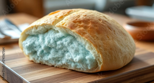 Freshly baked Cloud bread gluten-free and protein-loaded with blue fluffy foam-like texture on a wooden cutting board on a blurred cozy kitchen background.Trendy snack concept. 