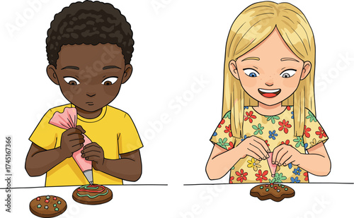 Two diverse children, a boy and a girl, are decorating freshly baked cookies with colorful icing and sprinkles, engaging in a fun baking activity and creative hobby.