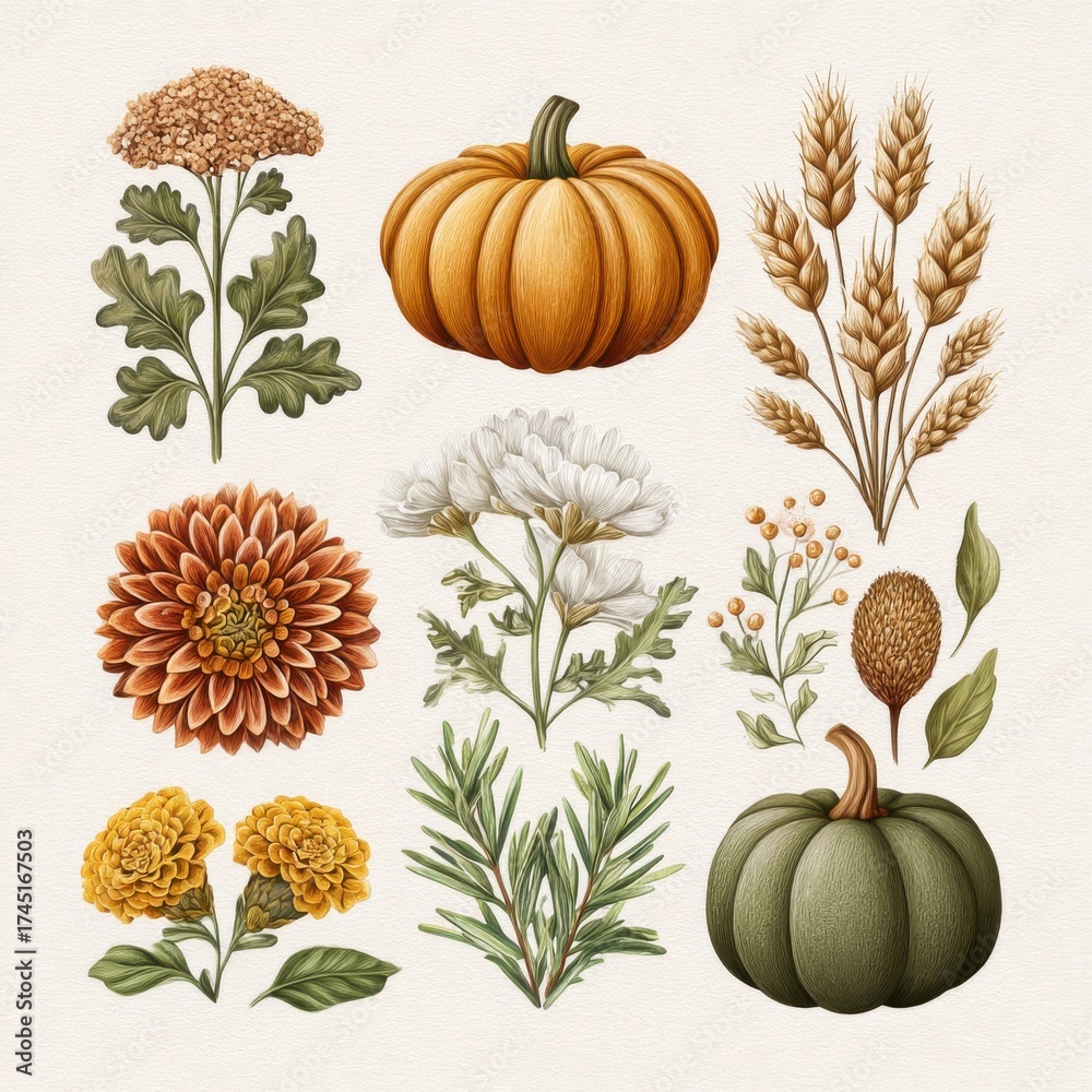 custom made wallpaper toronto digitalFall Harvest Still Life with Pumpkins Flowers Wheat and Herbs on a Textured Beige Background