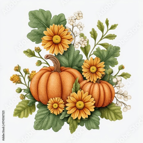 Wallpaper Mural Festive Autumn Arrangement with Orange Pumpkins and Yellow Flowers on White Background Torontodigital.ca