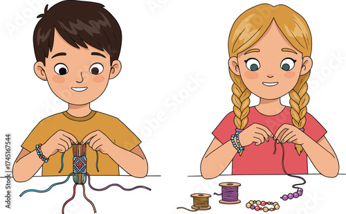 Two focused children, a boy and a girl, are happily making intricate friendship bracelets with colorful threads, demonstrating craft, creativity, and a fun DIY hobby together.