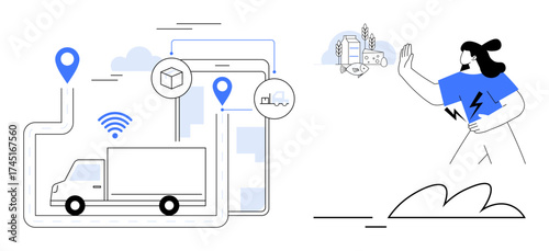 Truck following mapped path, digital icons for shipping, GPS, wireless tech. Ideal for logistics, delivery, technology, supply chain tracking innovation e-commerce. Minimalist flat metaphor