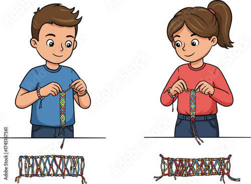 Two focused children, a boy and a girl, are happily making intricate friendship bracelets with colorful threads, demonstrating craft, creativity, and a fun DIY hobby together.