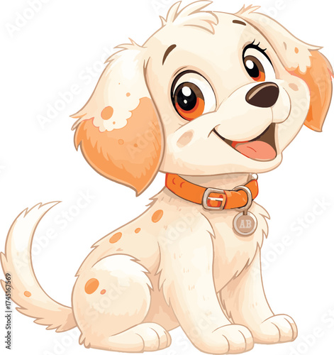 A cartoon puppy with tan spots and collar sitting down and smiling on a white background illustration