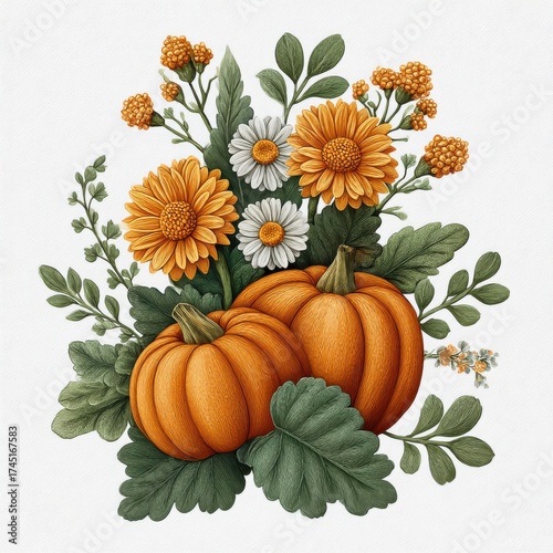 Wallpaper Mural Festive Autumnal Arrangement of Orange Pumpkins and Floral Accents on White Torontodigital.ca