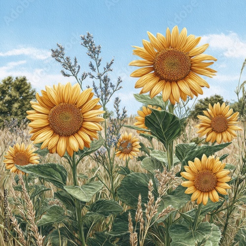 Wallpaper Mural Field of Golden Sunflowers with Green Leaves Under a Blue Sky Torontodigital.ca