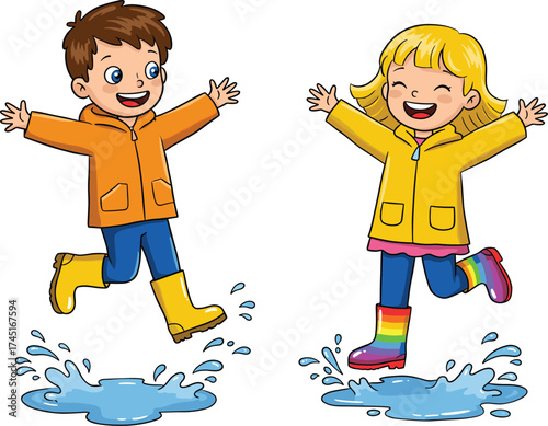 Two cheerful children, a boy and a girl, wearing bright raincoats and boots, happily jump and splash in puddles, celebrating playful moments and rainy day fun outdoors.